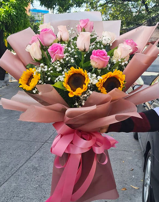 Summer Love Sunflower and Pink Roses Bouquet