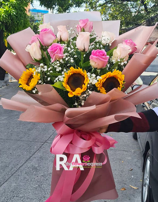 Summer Love Sunflower and Pink Roses Bouquet